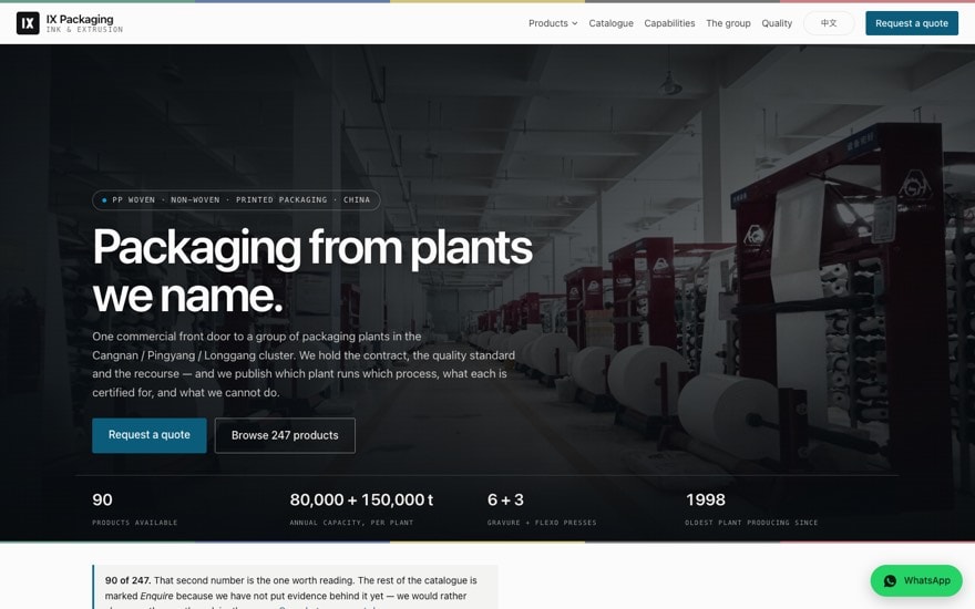 Screenshot of ixpackaging.com — bilingual front-office site for a group of packaging factories